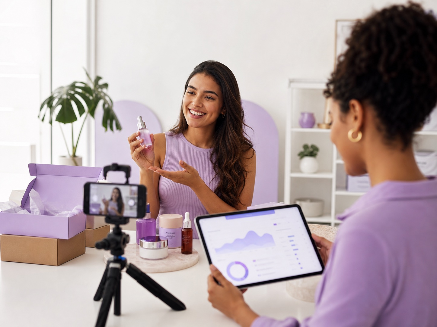 Creator gravando produto enquanto uma gestora acompanha dados comerciais em tablet