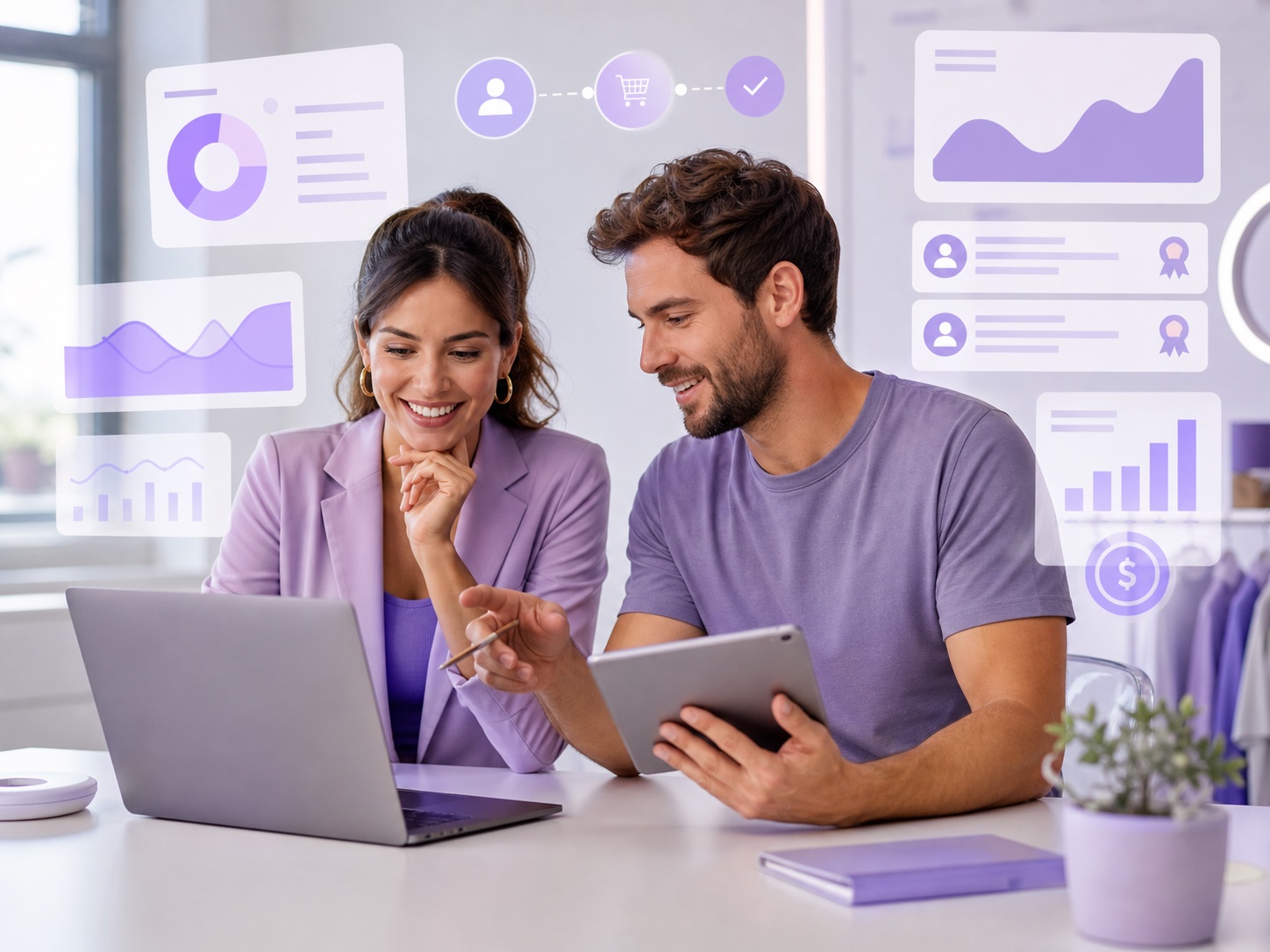 Profissionais analisando resultados de marketing de influência em laptop e tablet