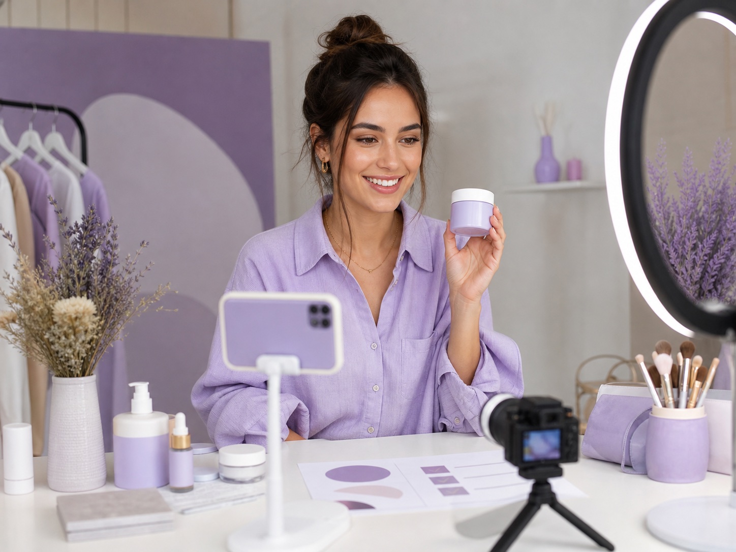 Creator produzindo UGC em estúdio com smartphone, câmera e produtos