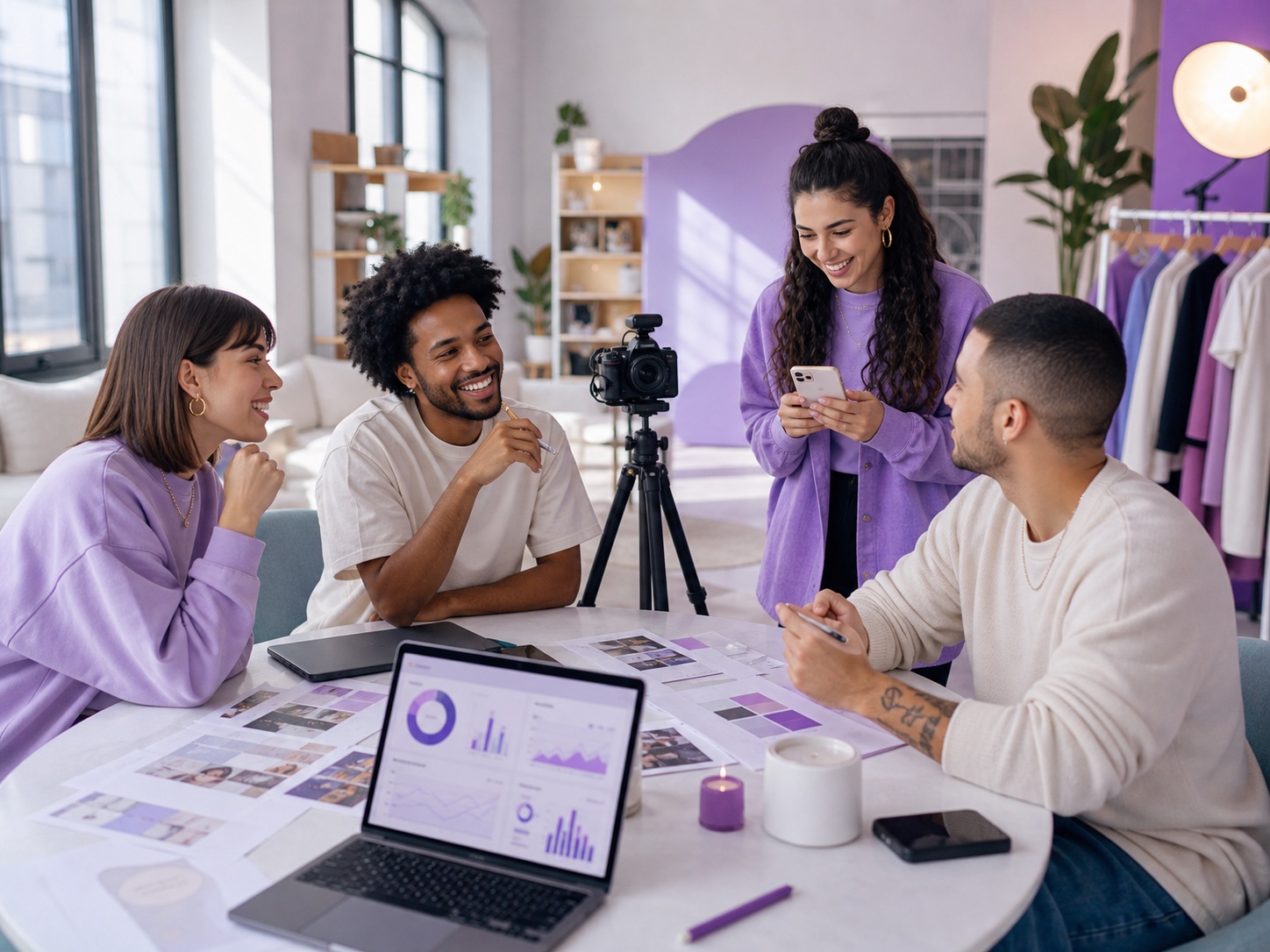 Equipe de creators e marketing organizando campanhas em estúdio com câmera e dashboard